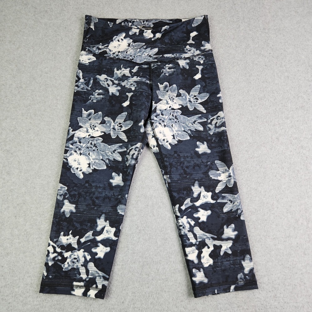 Old Navy Active Leggings Womens M Petite Black Floral Go-Dry Cropped High Rise